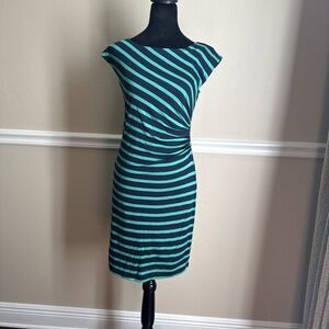 Ann Taylor Loft Green And Blue Striped Dress With Pleat Detail Casual Sz XS